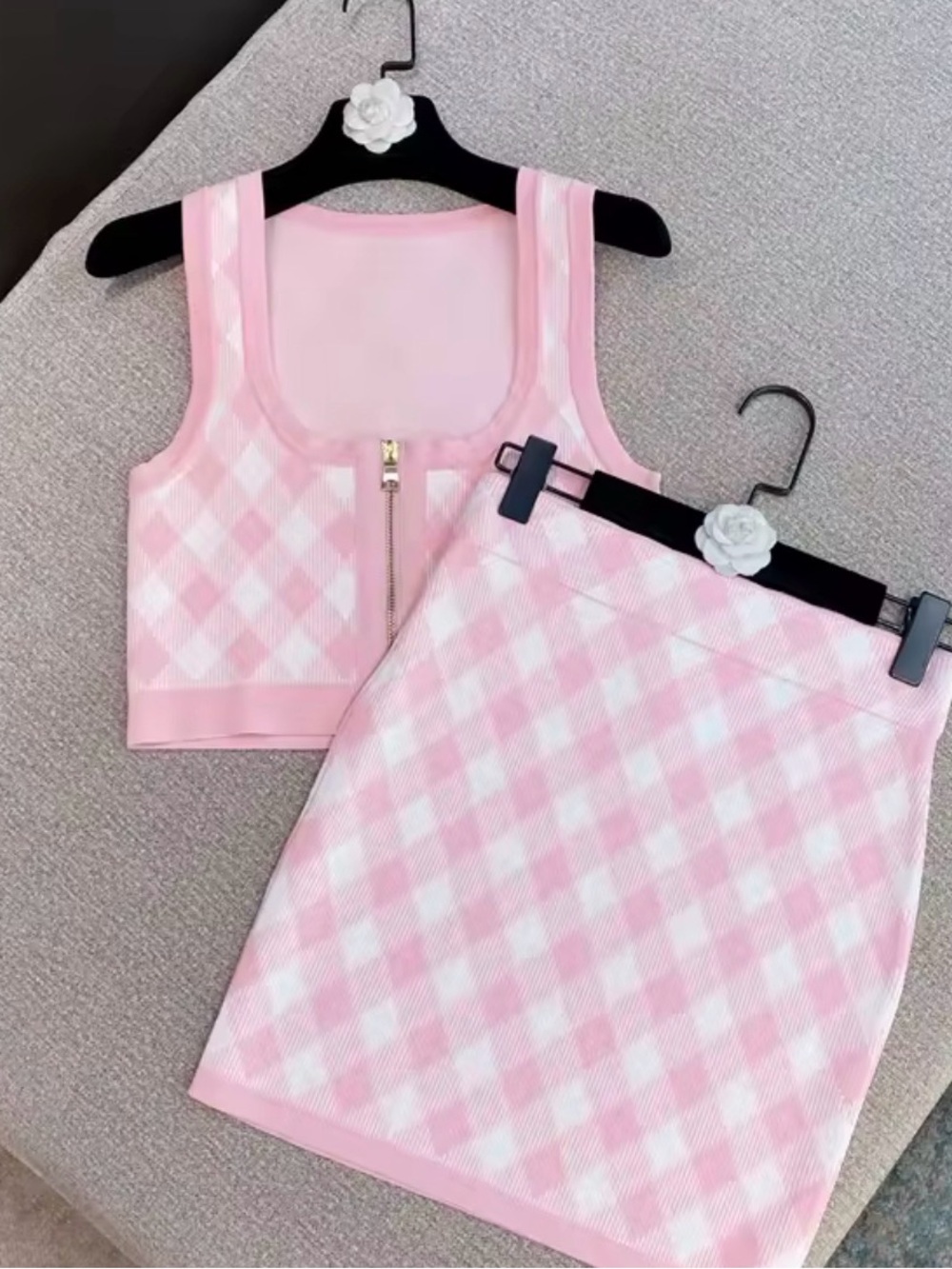 Pink Argyle Knit Tank and Skirt Set